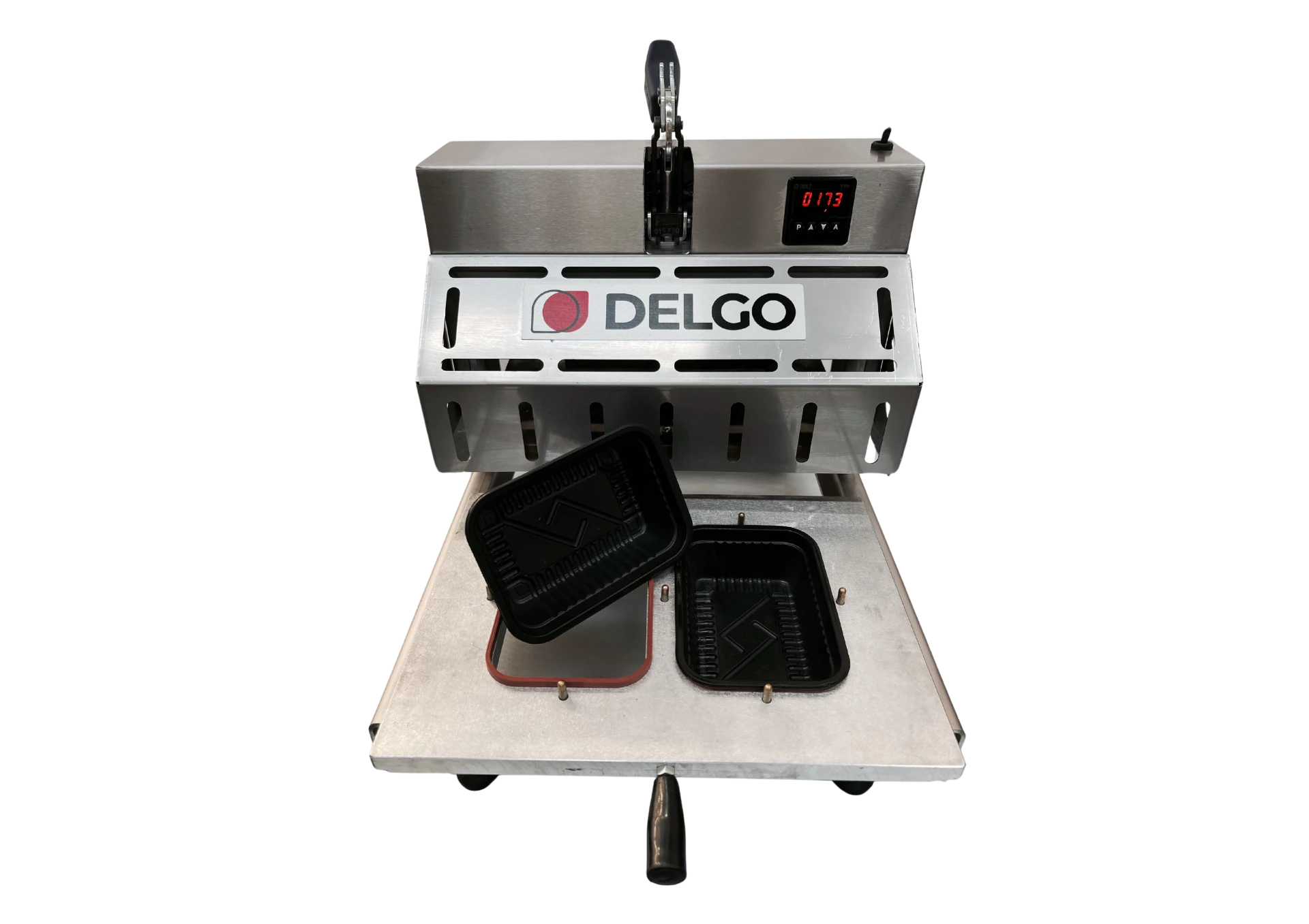 Seladora manual DELGO de bandejas, em aço inox, com bandejas plásticas